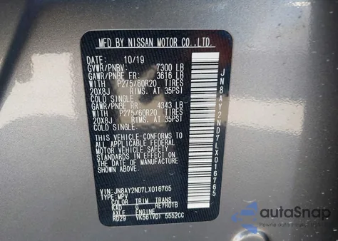 2020 Nissan Armada Sl 2Wd из США, поврежденный, VIN JN8AY2ND7LX016765